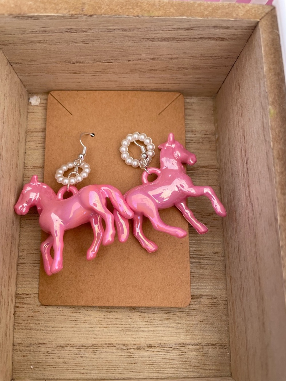 Pink Horse Charm Pearl Loop Earrings